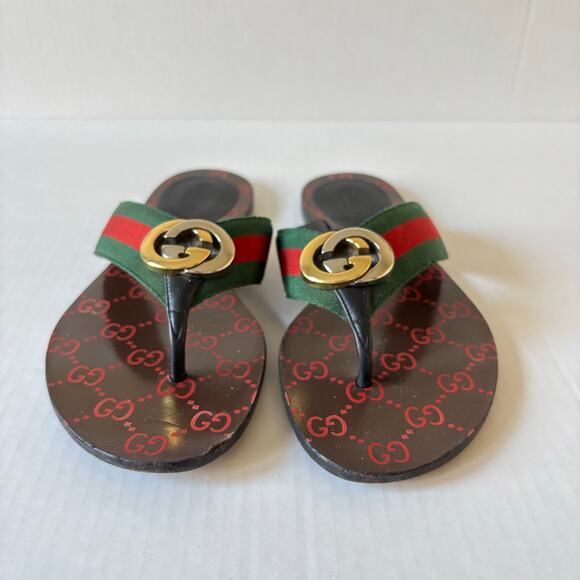 Gucci Kika Interlocking GG Web Stripe Flat Thong Sandals Red Green Size EU 38 - Picture 2 of 12